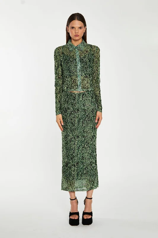 Green-Black Animal Mesh Pencil Midi-Skirt high waist skirt