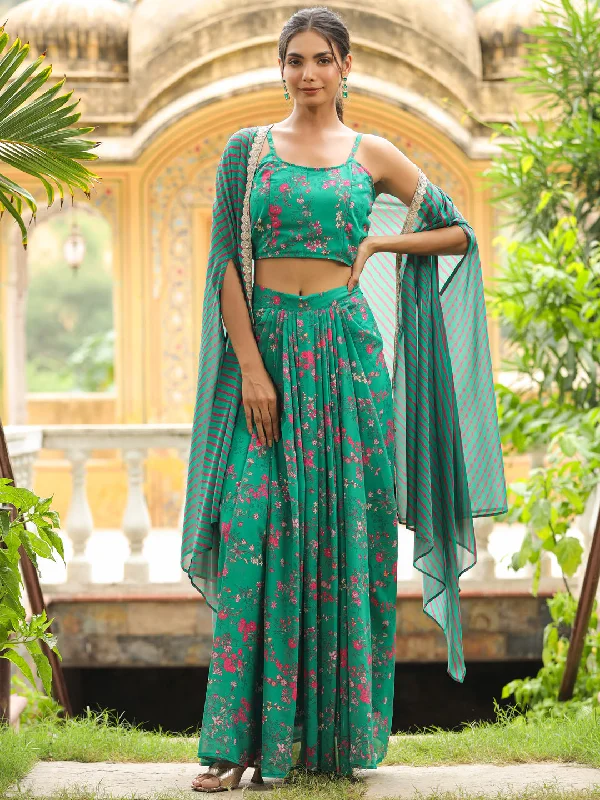 Green Georgette Floral Printed Pleated Skirt With Top & Cape Set low waist skirt