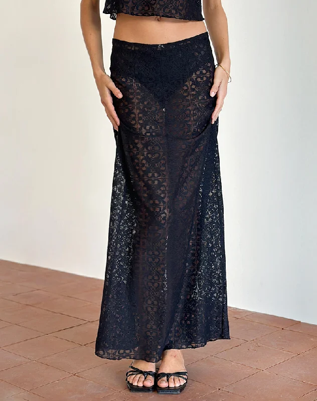Layla Maxi Skirt in Clover Lace Black a-line skirt cut