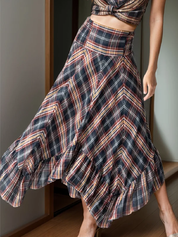 Plaid Asymmetrical Ruffle Hem Skirt denim skirt casual