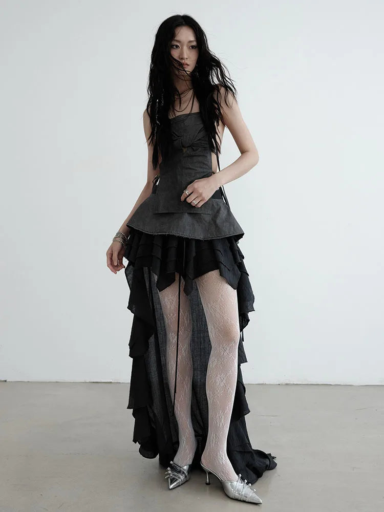 Prericy Asymmetrical Ruffle Skirt satin skirt smooth