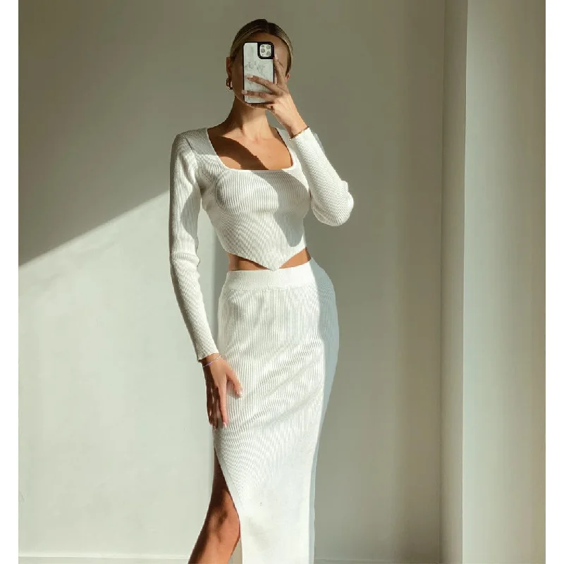 SOFIA White High Waist Bodycon Knit Midi Skirt breathable skirt fabric