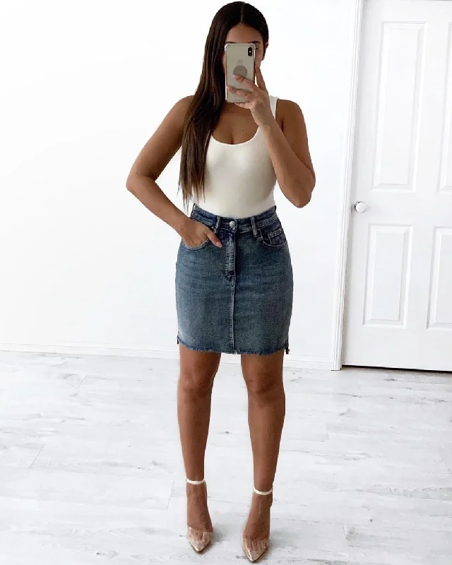 Wakee Denim Ladies Mid Skirt - Mid Blue a-line skirt cut