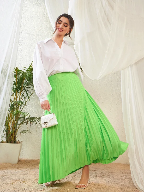 Women Green Satin Accordion Pleated Maxi Skirt spandex blend skirt
