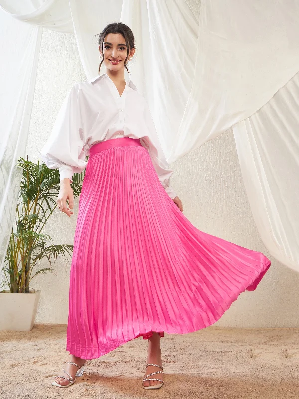 Women Pink Satin Accordion Pleated Maxi Skirt silk skirt lustrous