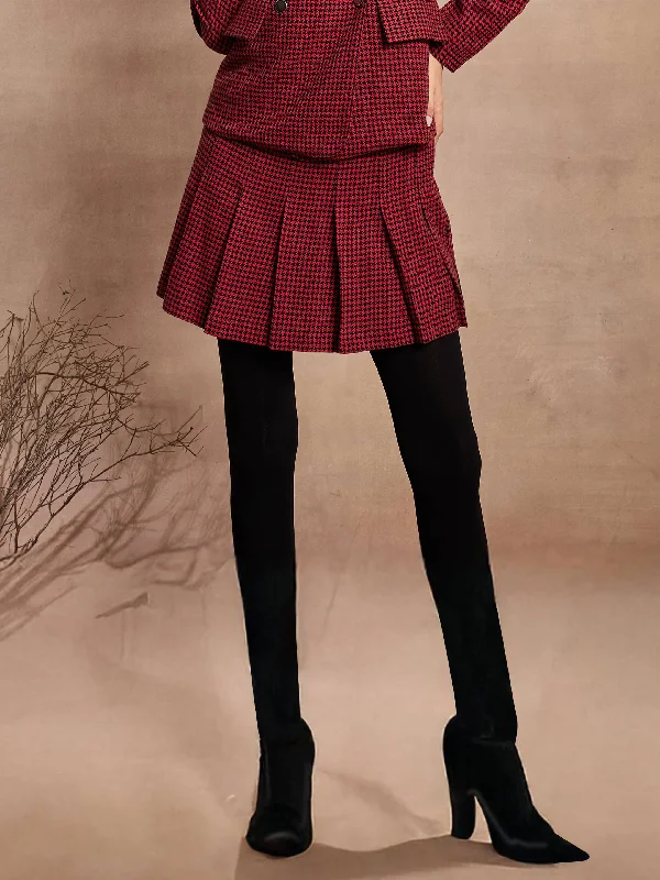 Women Red Houndstooth Check Pleated Mini Skirt relaxed fit skirt