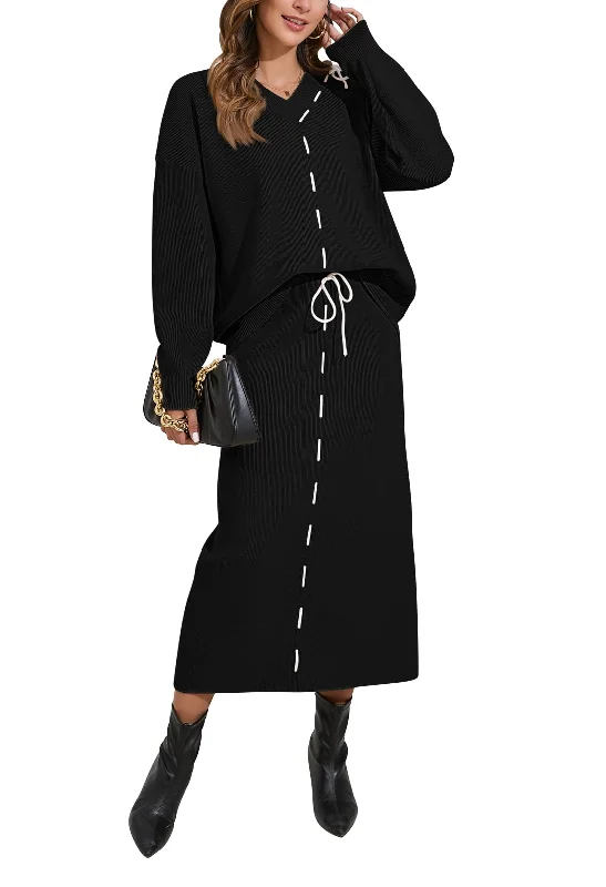Women’s Fall Sweater Set Matching Two Piece Casual Outfits Lounge Sets Long Sleeve Knit Top Bodycon Midi Skirt Black S wool skirt thick
