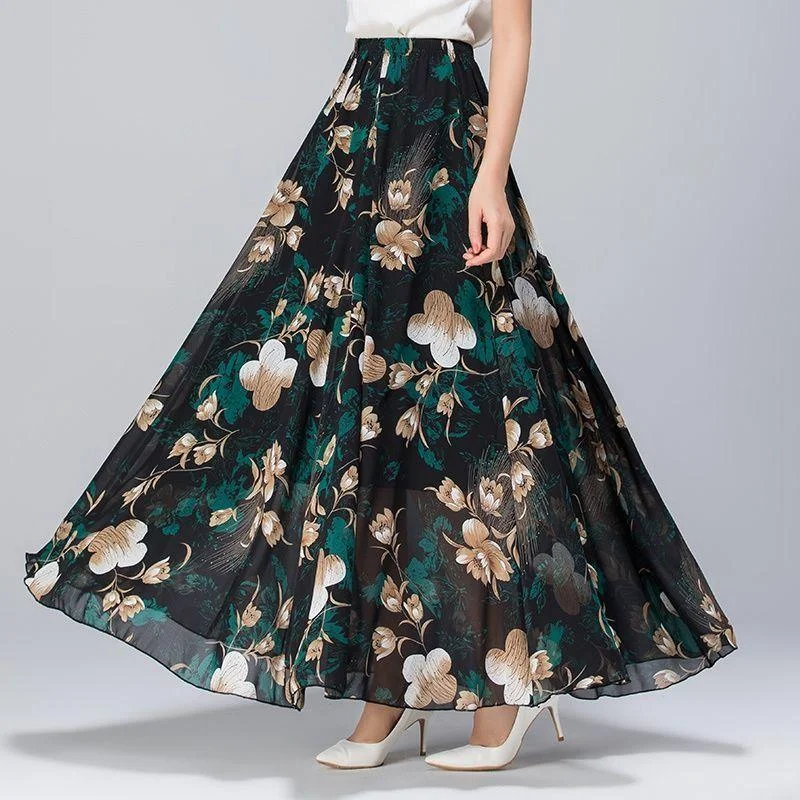 Women Vintage Elegant Floral Skirts Exquisite Printing High Waist A-line Chiffon Skirt Mid-length Chiffon Skirt chiffon skirt lightweight