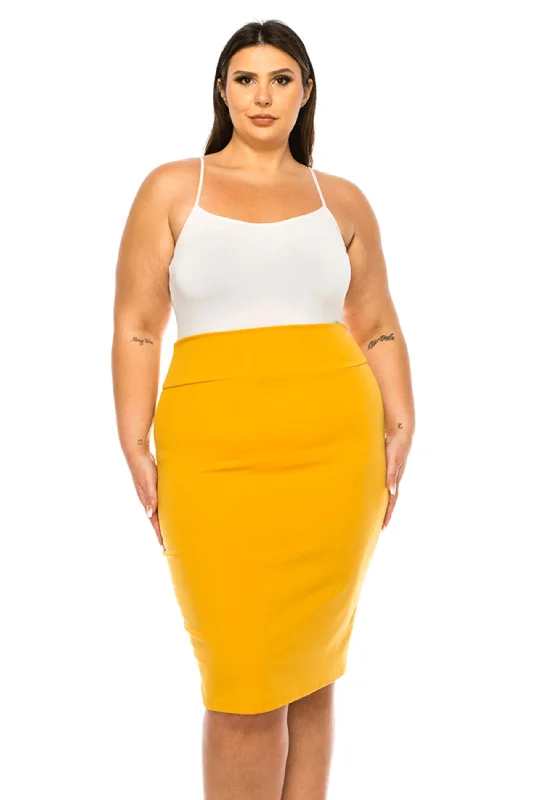 Women's Plus Size Solid Pencil Skirt with Banded Waist - Stretchy tiered skirt playful