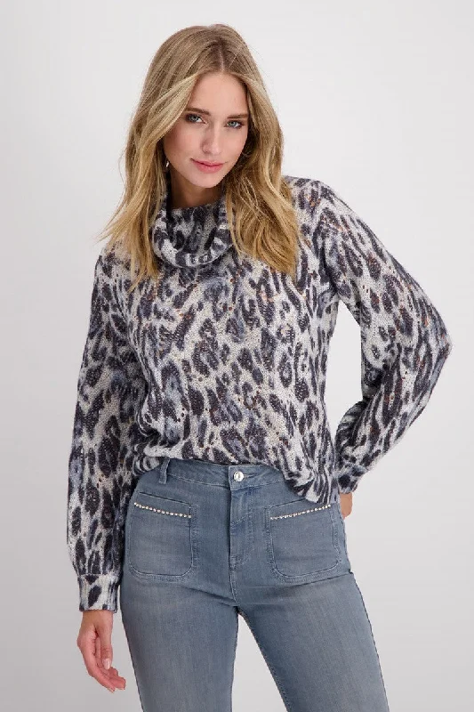 All-Over Leopard Print Sweater 807448MNR in Smokey Blue Pattern by Monari Chenille Blend Fleece Blend Nylon Blend