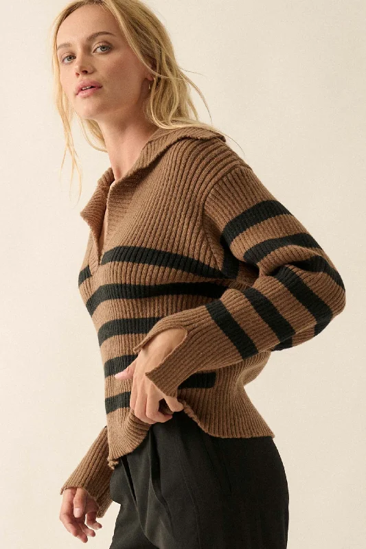 Breton Beach Striped Rib-Knit Collared Sweater Silk Blend Satin Velvet