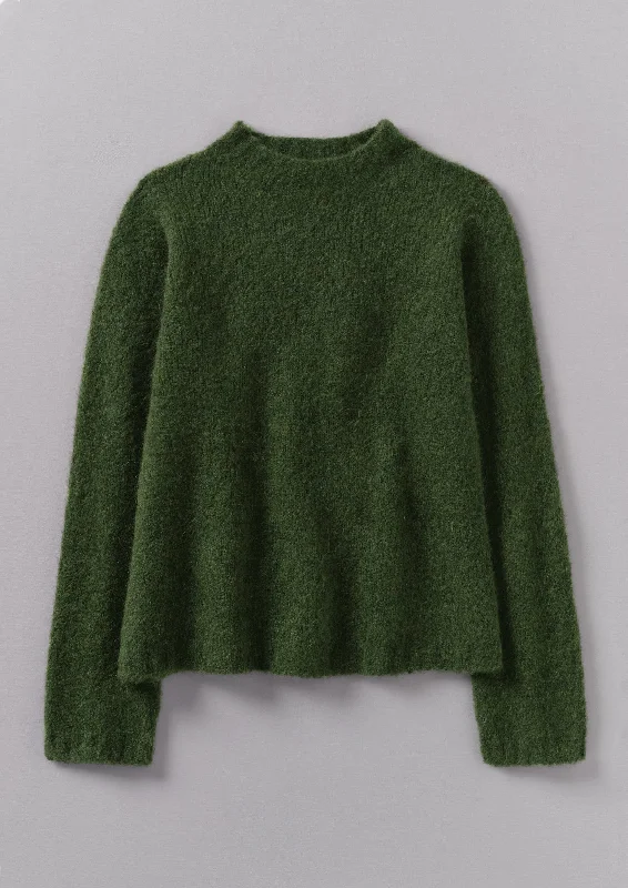 Brushed Alpaca High Neck Sweater | Moss Green Toggled Drawstring Belted