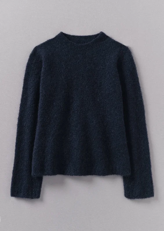 Brushed Alpaca High Neck Sweater | Navy Cashmere Blend Cotton Blend Poly Blend