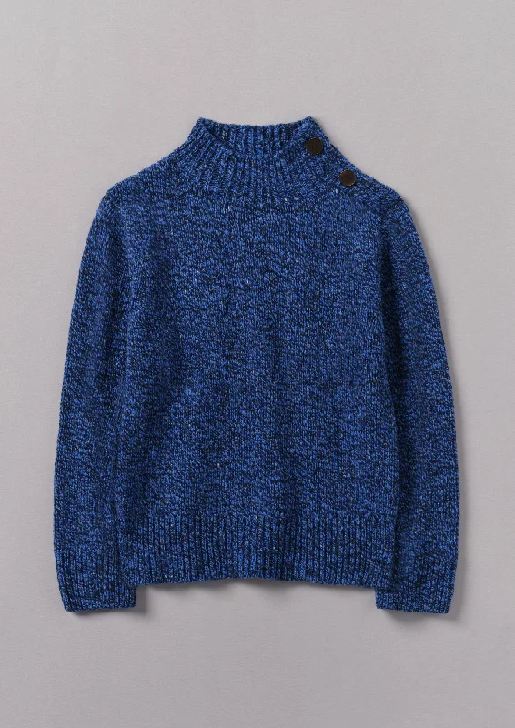 Button Shoulder Marled Donegal Wool Sweater | Blue Marl Modern Contemporary Chic