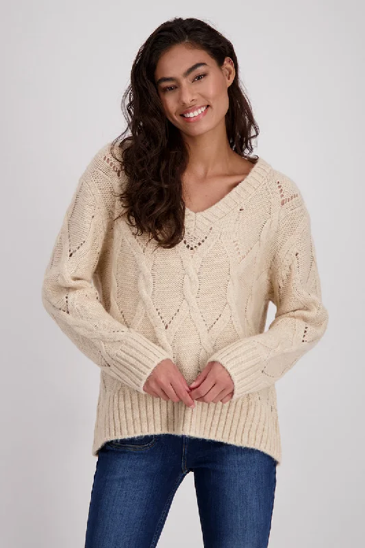 Cable Knit Sweater 807225MNR in Biscuit by Monari Denim Fabric Leather Fabric Suede Fabric