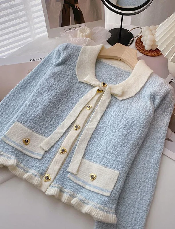 Color-blocked Bow-tie Knitted Sweater With Fungus Trim Mesh Fabric Canvas Fabric Denim Fabric