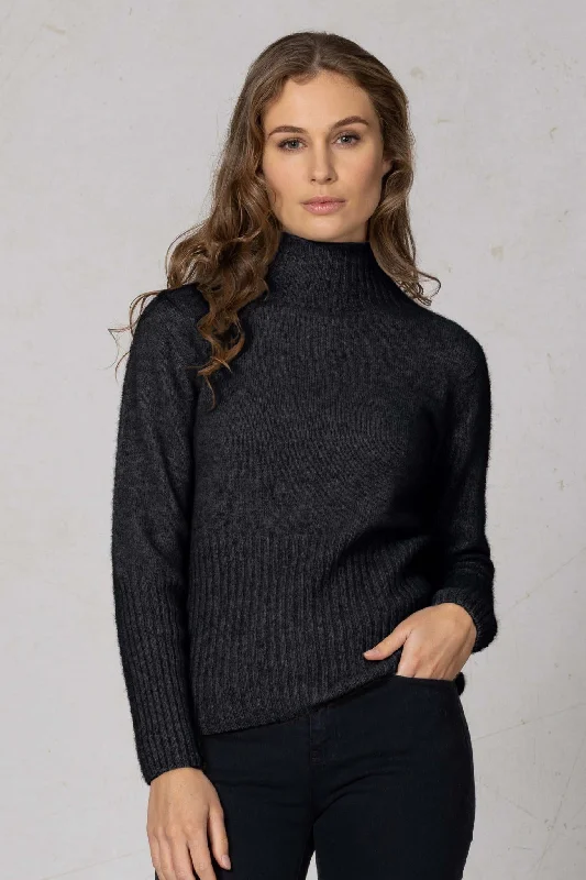 Noble Wilde - Rib Turtle Neck Sweater in Charcoal Chenille Brocade Lace