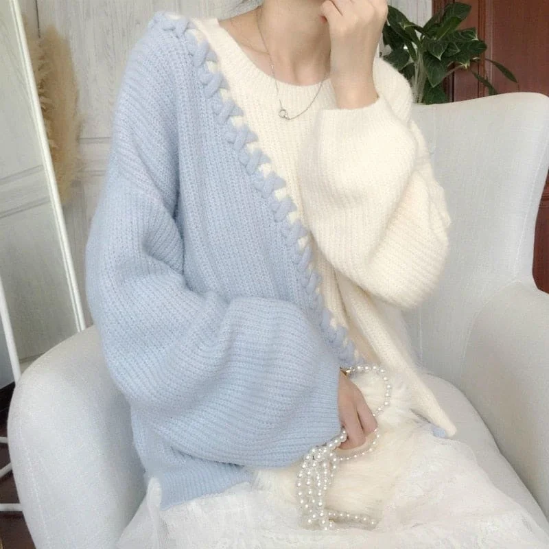 Cute Y2k Patchwork Knitted Sweater Real Fur Shearling Chenille