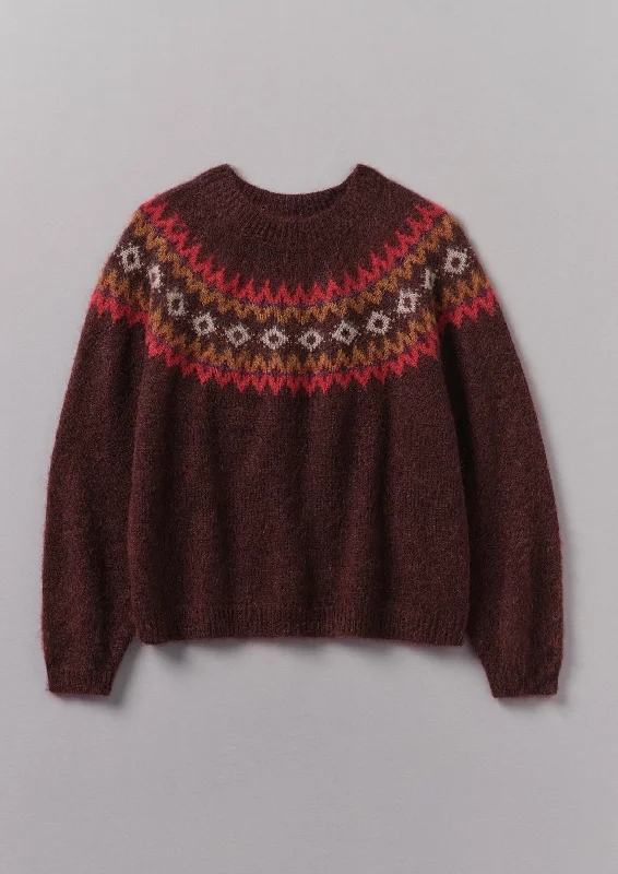 Fair Isle Yoke Mohair Blend Easy Sweater | Red Multi Collared Crew Neck Turtle Neck