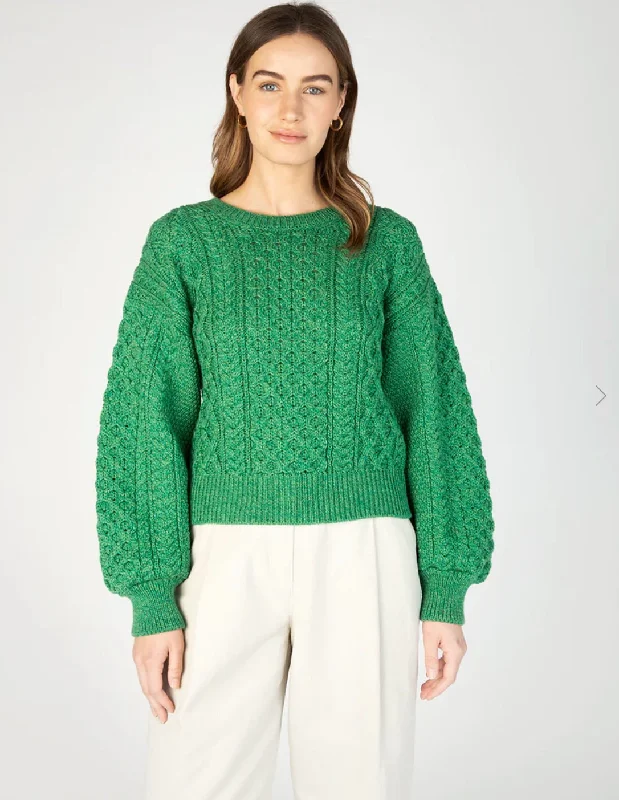 IrelandsEye Honeysuckle Cropped Aran Sweater Green Anti-Pilling Anti-Shrink Durable