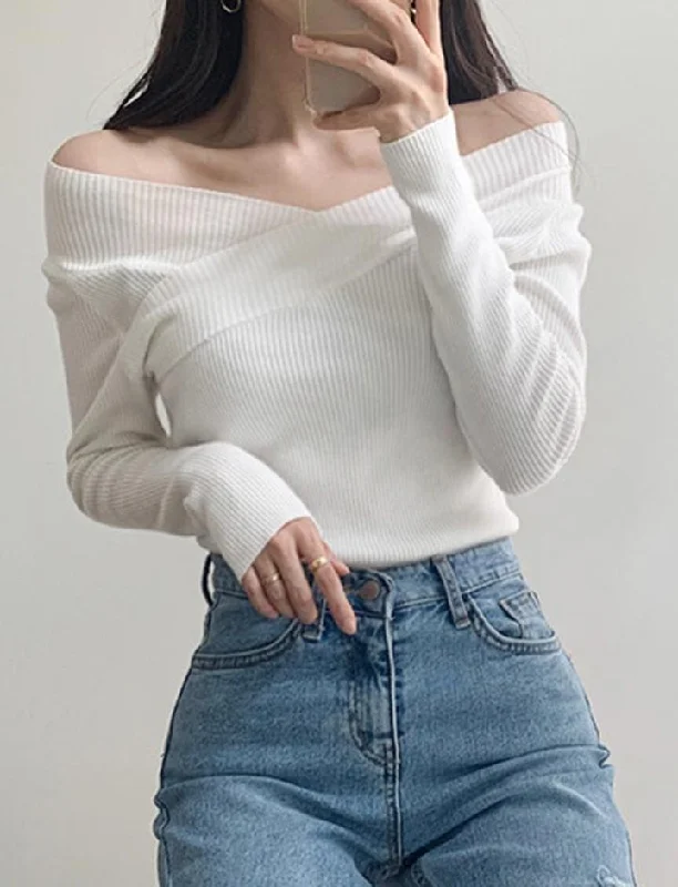 Knitted Off-shoulder Slim V-neck One-shoulder Sweater Fleece Sweater Nylon Polyester