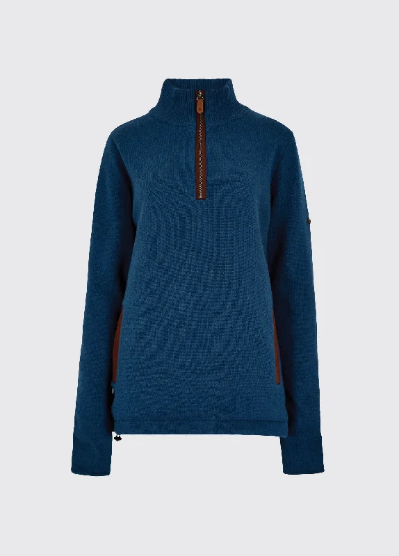 Morrisey Zip Neck Sweater - Peacock Blue Front Pockets Side Pockets Patch Pockets