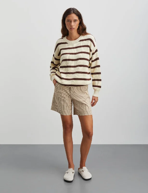 Nivi Eco Lindy Stripe Sweater, Vanilla Ice/Cambridge Brown Satin Blend Silk Blend Wool Blend