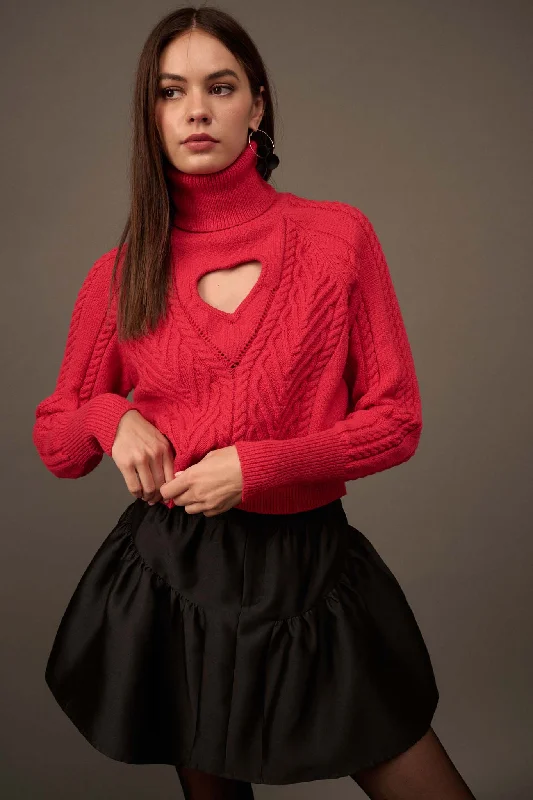 Open Heart Keyhole Cable Knit Turtleneck Sweater Casual Formal Business