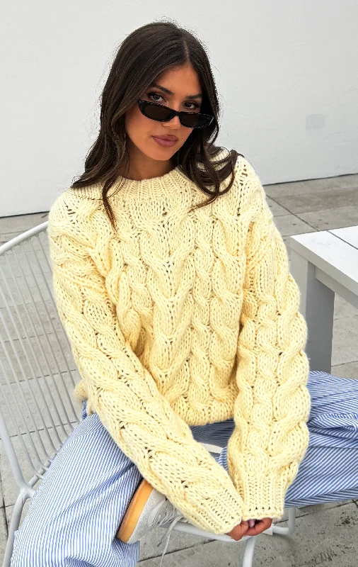 Real Feelings Oversized Knit Sweater Lemon Front Pockets Side Pockets Patch Pockets