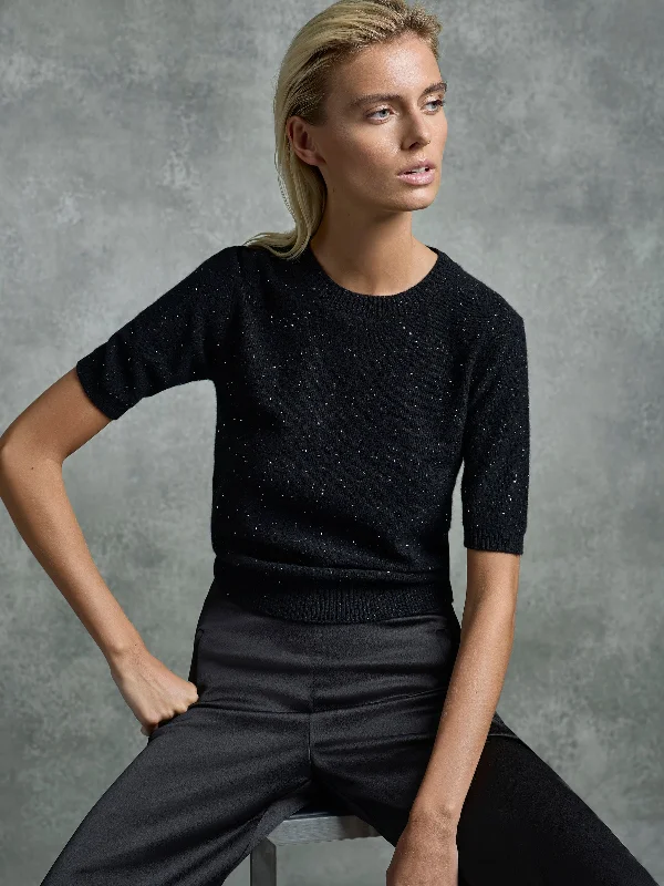 Sparkle Cashmere Sweater - Black Ribbed Striped Patterned