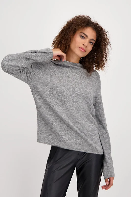 Sweater Button Detail Velcro 807488MNR in Platinum Melange by Monari Slim Fit Regular Fit Oversized