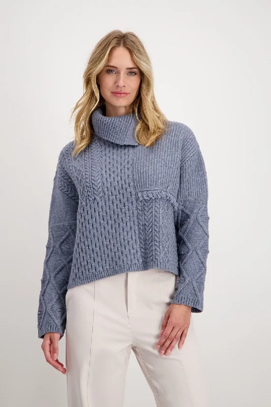 Sweater Structure Mix 807427MNR in Smokey Blue by Monari Hooded Caped Shawl Collar