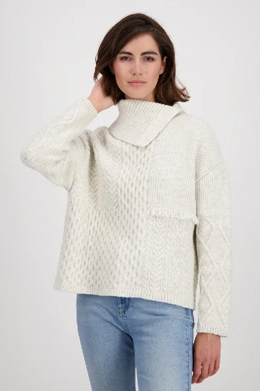 Sweater Structure Mix 807427MNR in Stone by Monari Boat Neck Shawl Collar Notched Collar