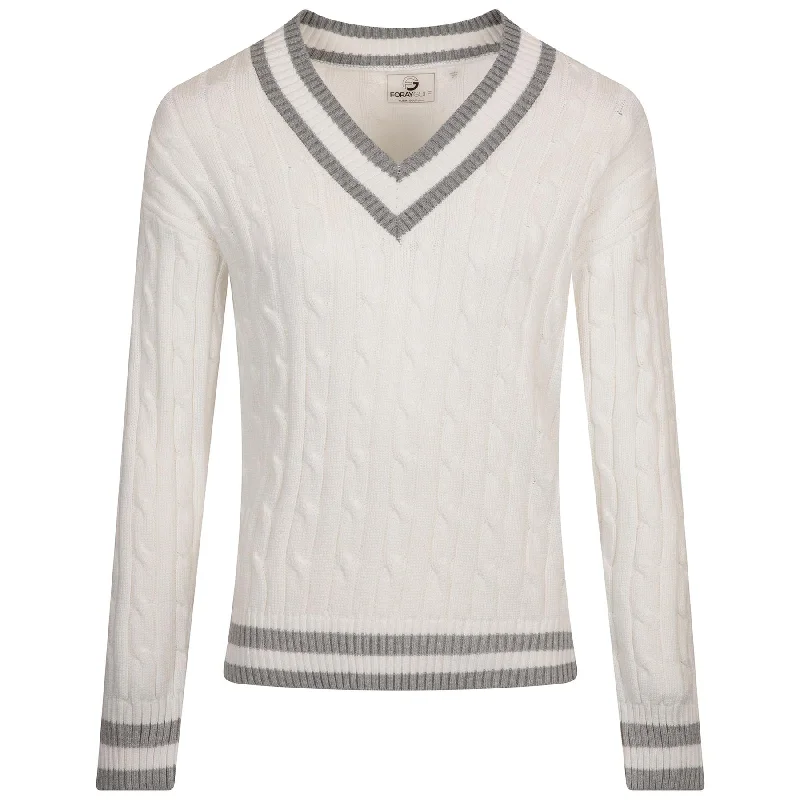 Womens V-Neck Cable Knit Sweater White - 2024 Ribbed Striped Patterned