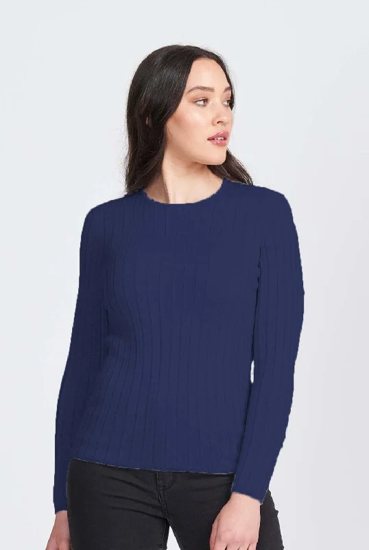 Womens Wide Rib Crew Sweater - Light Navy Satin Blend Silk Blend Wool Blend