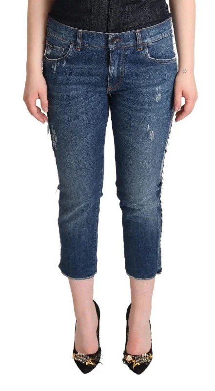 Dolce & Gabbana  Womens Distressed Cropped Boyfriend Jeans Cozy Tencel Blend Denim Jeans