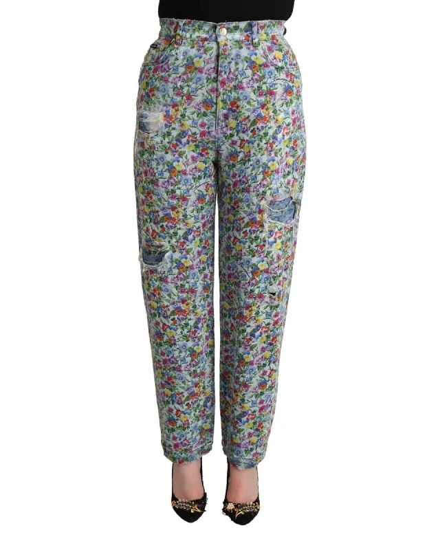 Dolce & Gabbana  Floral Print High Waist Straight Leg Jeans Classic Button Fly Jeans