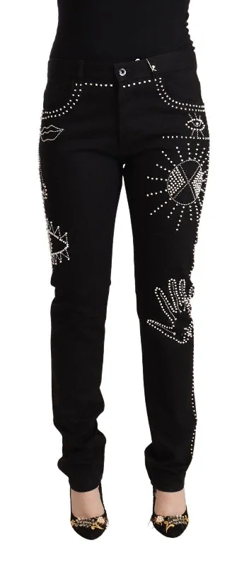 Valentino  Rockstud Black Embroidered Jeans Comfortable Dark Wash Jeans