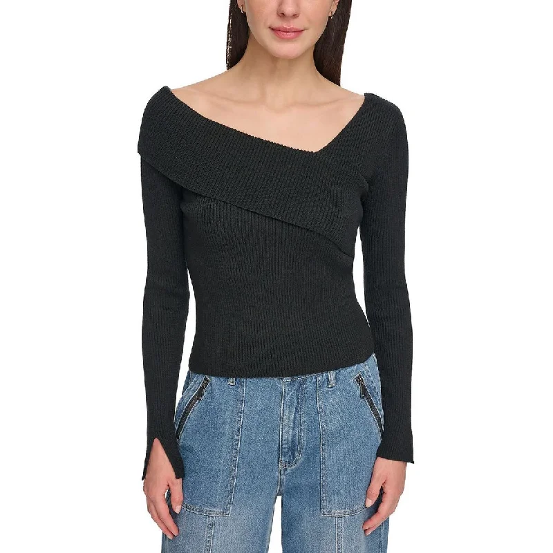 DKNY Jeans Womens Ribbed Asymmetrical Neck Pullover Sweater Fashionable Cropped Denim Jeans