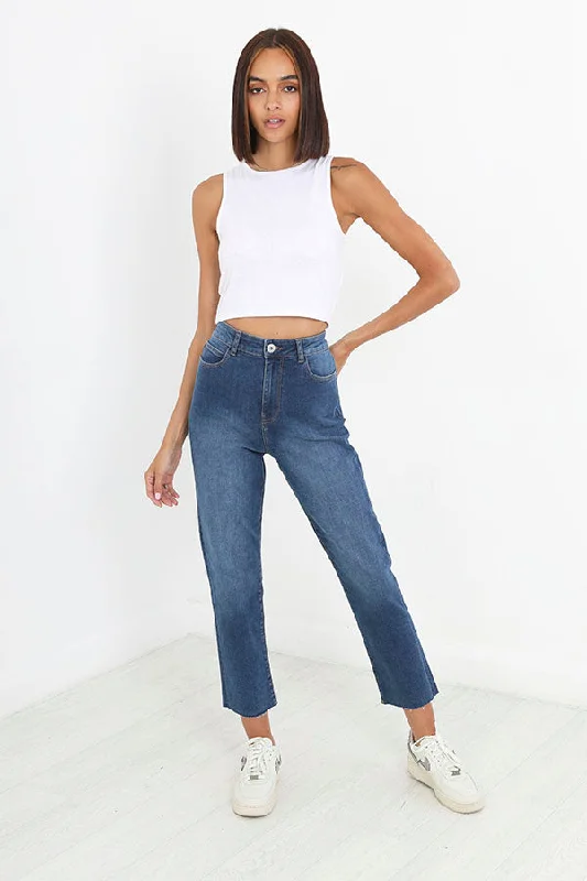 MID BLUE RAW HEM DETAIL DENIM MOM JEANS Trendy Colored Denim Jeans