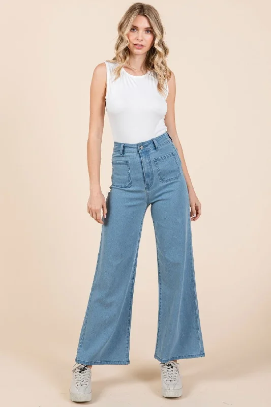 Mittoshop High Waist Wide Leg Jeans Trendy Flared Leg Jeans