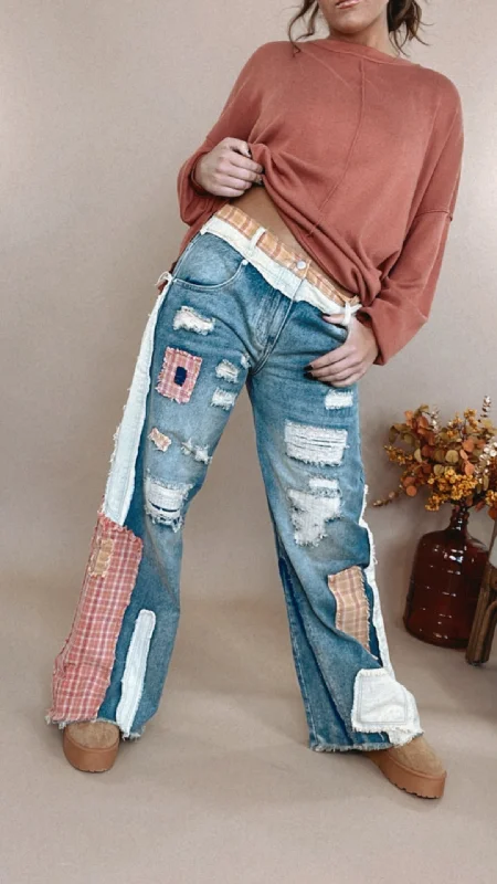 Oli & Hali: Preslee Patchwork Wide Leg Jeans Comfortable Ankle Jeans