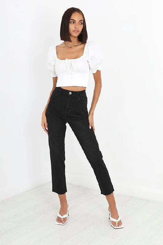 PLAIN BLACK RAW HEM DETAIL DENIM MOM JEANS Stylish Paperbag Waist Denim