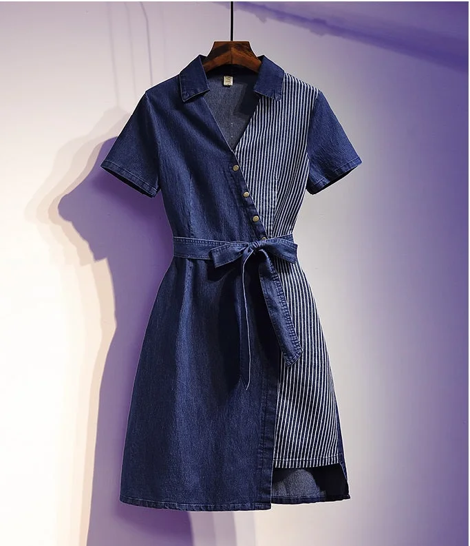 Stripe Spliced Fashion Lapel Short Sleeve Jeans Dress CODE: KAR971 Classic Slim Fit Jeans