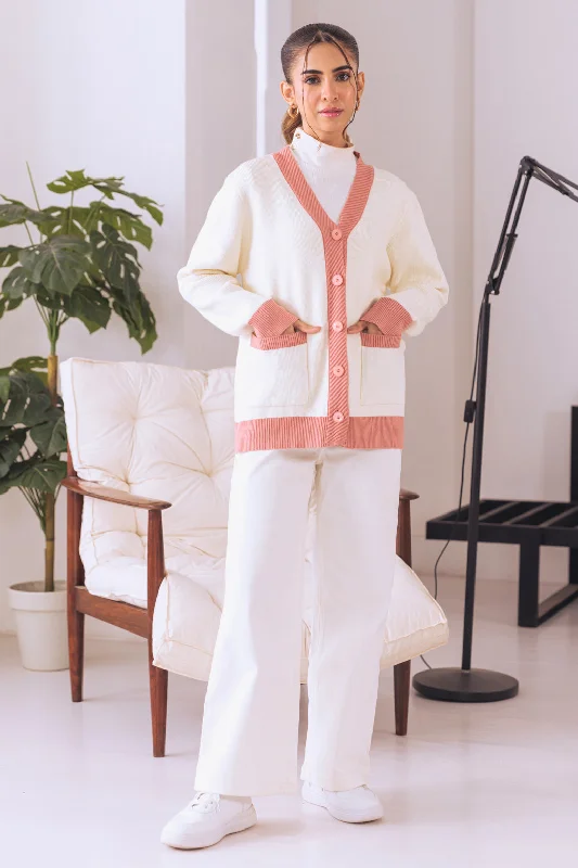 WHITE-V-NECK FULL SLEEVES CARDIGAN W-POCKET SWEATER (24X-013-66) Casual Formal Business WHITE-V-NECK FULL SLEEVES CARDIGAN W-POCKET SWEATER (24X-013-66) Casual Formal Business