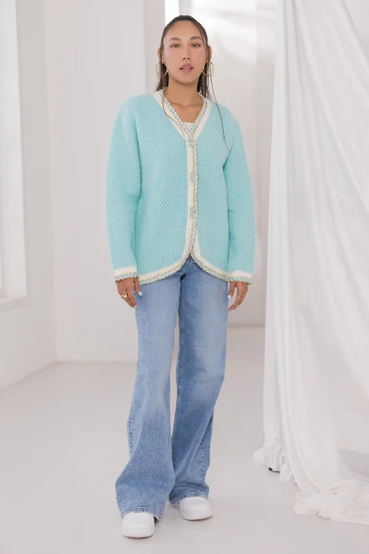 L-TURQUOISE-V-NECK FULL SLEEVES CARDIGAN SWEATER (24X-016-66) Zippered Front Buttoned Front Snap Front L-TURQUOISE-V-NECK FULL SLEEVES CARDIGAN SWEATER (24X-016-66) Zippered Front Buttoned Front Snap Front
