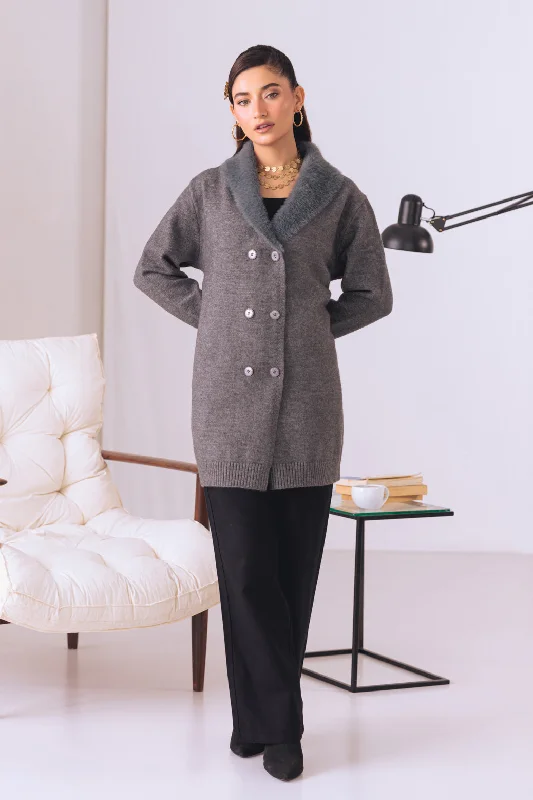 GREY COAT COLLAR FULL SLEEVES CARDIGAN SWEATER (24X-076-66) Transparent Opaque Sheer