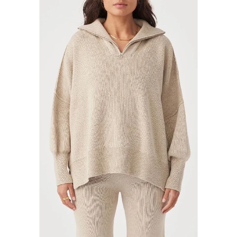 Arcaa London Zip Sweater - Taupe Ribbed Striped Patterned