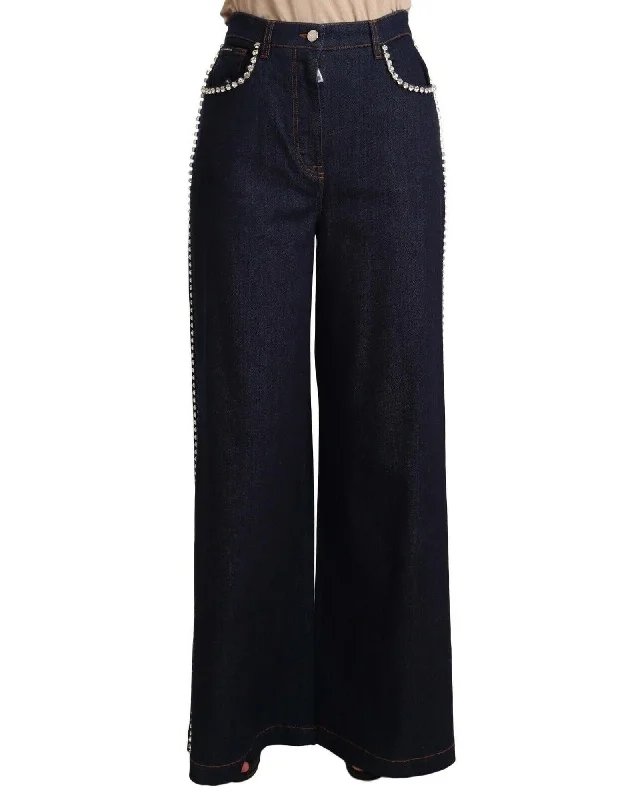 Dolce & Gabbana Crystal Embellished Flare Jeans Comfortable Distressed Straight-Leg Jeans