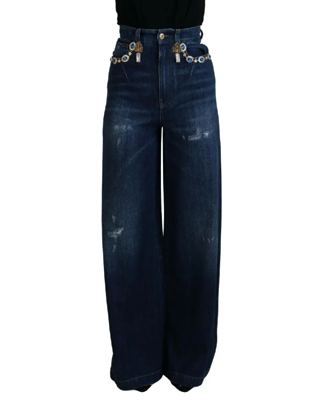 Dolce & Gabbana  High Waisted Wide Leg Jeans with Chain Belt - Blue Comfortable Zip-Up Skinny Jeans